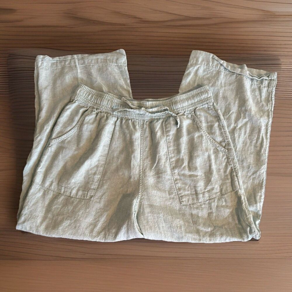 Cynthia Rowley Linen Capri‎ Pants Womens Blue Chambray Wide Leg Pull On L